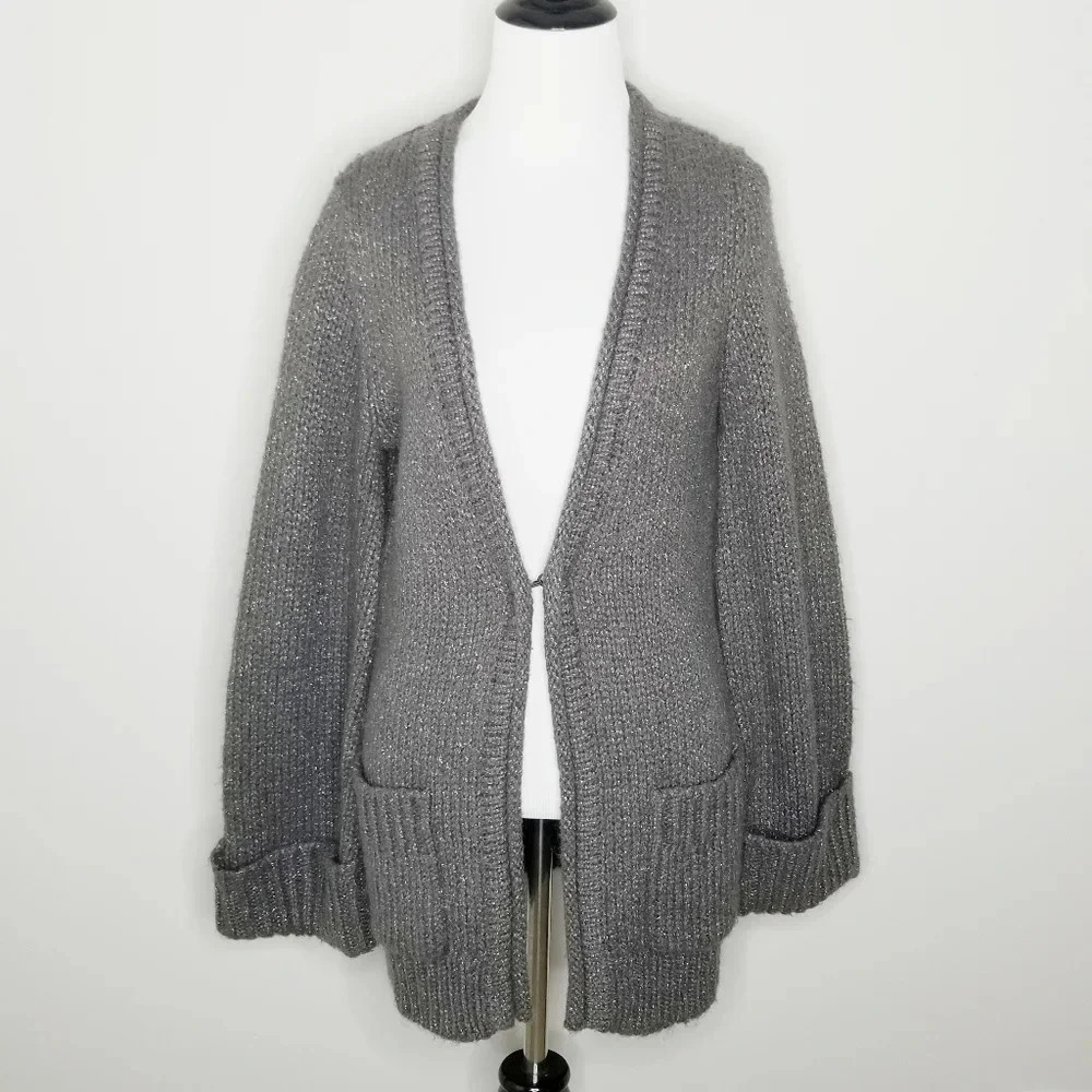 Trina Turk Gray Metallic Open Front Cardigan M